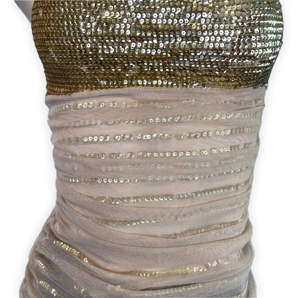 Gold fully Sequined Mesh Tank Top with Spaghetti Straps Drape Neckline • Size XS - Picture 6 of 8